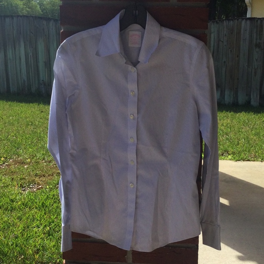 Brooks Brother white with blue pin stripe button brown shirt